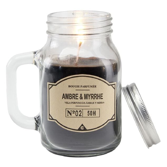 Bougie noire dans mug en verre avec couvercle - Senteur myrrhe ambre
