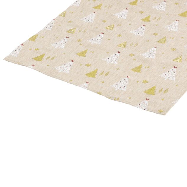 Chemin de table imprim&eacute; sapins de No&euml;l L250X45 cm marron blanc et dor&eacute;