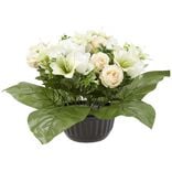 Pot rose+lys H38 cm jaune blanc - Fleur artificielle 32 t&ecirc;tes