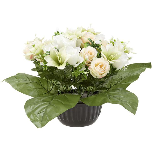 Pot rose+lys H38 cm jaune blanc - Fleur artificielle 32 t&ecirc;tes