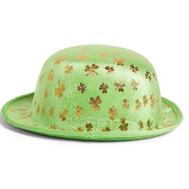 Chapeau Saint-Patrick taille adulte polyester vert avec tr&egrave;fles dor&eacute;s