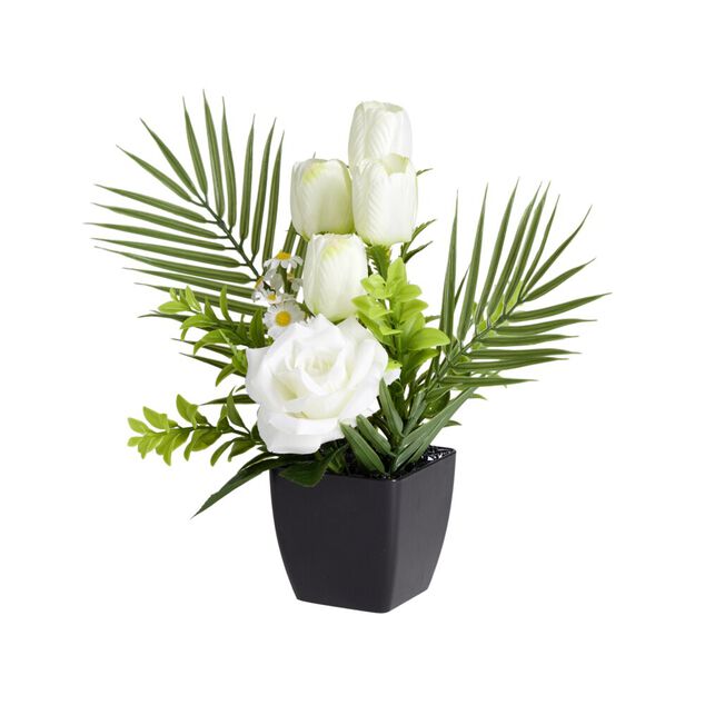 Composition florale artificielle roses et tulipes blanches pot 20x18xH34cm