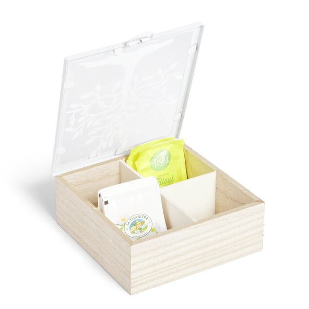 Bo&icirc;te bois et m&eacute;tal beige et blanc motif arbre 16x16x6cm