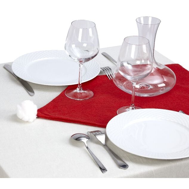 Chemin de table design bonnet de No&euml;l rouge et pompon blanc