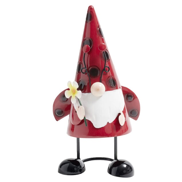 Nain de jardin gnome en m&eacute;tal &agrave; poser motif coccinelle 12x8xH21cm