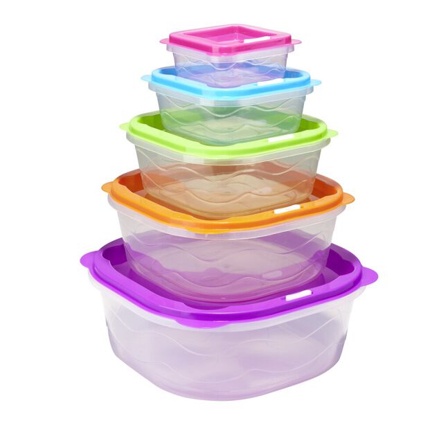 Bo&icirc;te alimentaire x5 embo&icirc;table plastique couvercle multicolore 25x25xH10,5cm