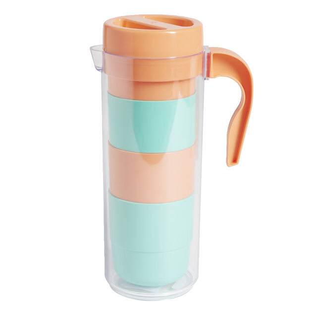 Pichet pique-nique avec 4 tasses plastique vert et orange Ø24xH8,5cm