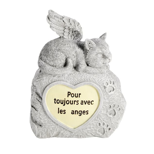 Plaque fun&eacute;raire LED avec chat polyr&eacute;sine gris 13x5xH18cm