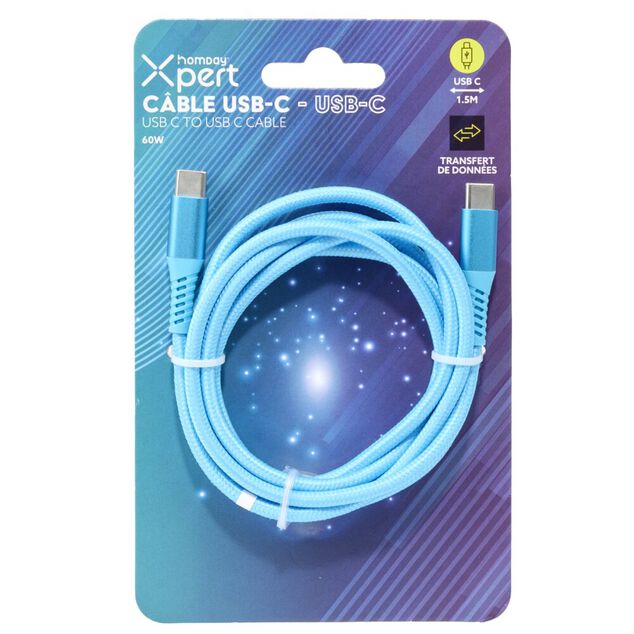 C&acirc;ble de charge USB vers USB-C nylon 1,5m (2 mod&egrave;les bleu ou violet)