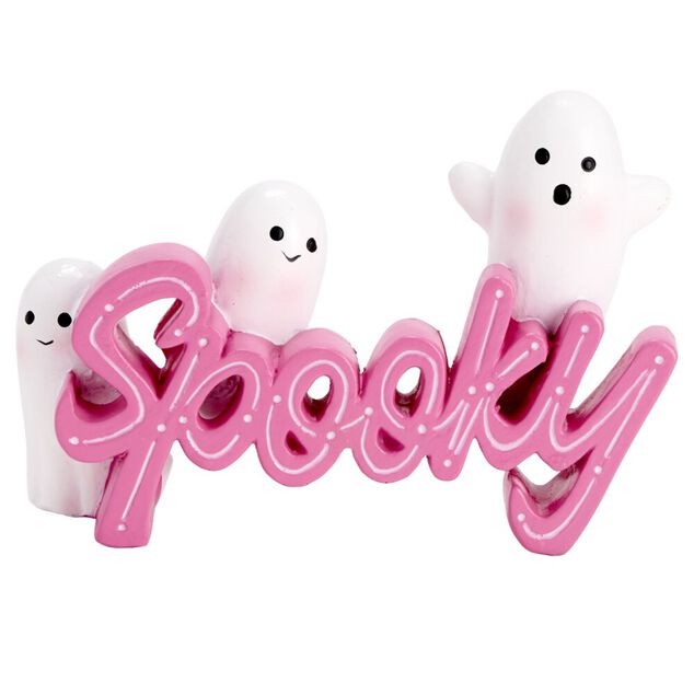 D&eacute;coration Halloween fant&ocirc;mes mignons spooky r&eacute;sine rose et blanc 10x15cm