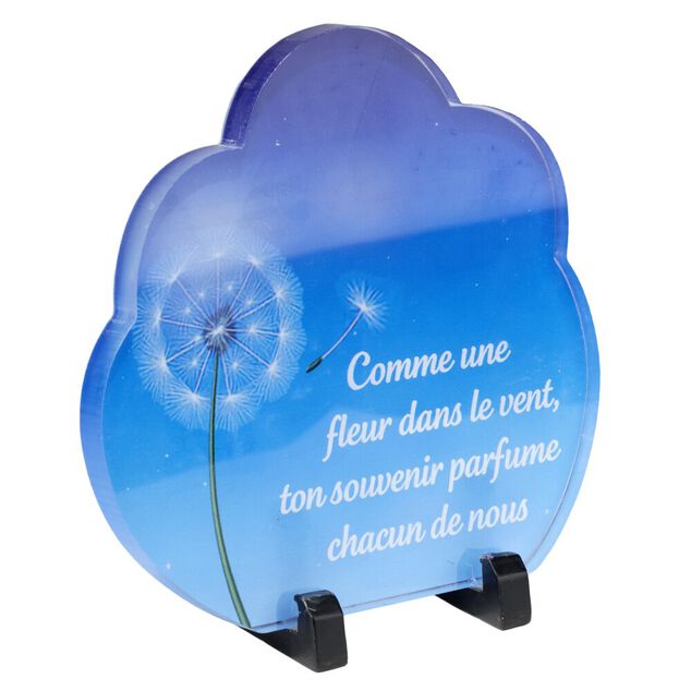 Plaque fun&eacute;raire inscription nuage bleu pissenlit acrylique pied m&eacute;tal 18x8,5xH18,5cm