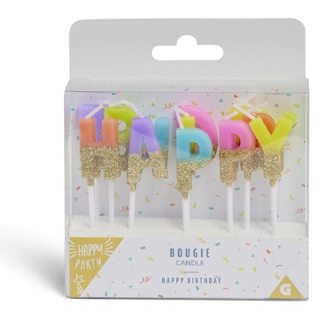 Bougie anniversaire lettres Happy Birthday multicolore et dor&eacute;