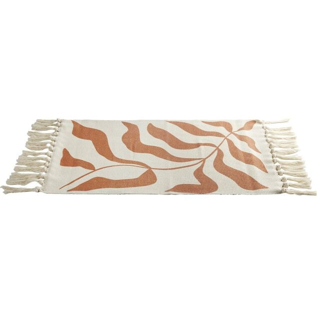 Tapis salle de bain &agrave; franges motif feuillage blanc &eacute;cru et marron 45x70cm