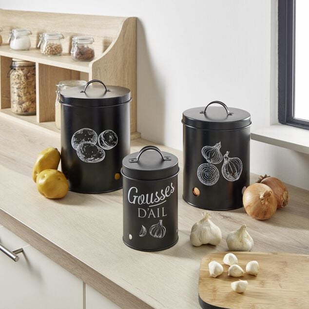 Bo&icirc;te de conservation pommes de terre m&eacute;tal noir &Oslash;18xH25.5cm