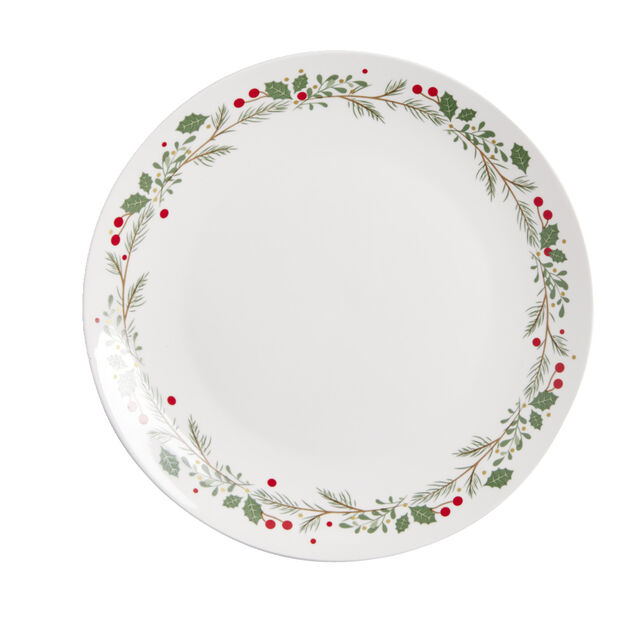 Assiette plate en porcelaine blanche motif feuillage de No&euml;l &Oslash;27cm