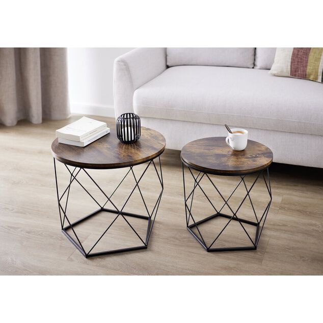 Table basse bois et m&eacute;tal x2 D&eacute;troit noir &Oslash;40xH36cm et &Oslash;50xH40cm