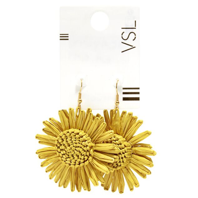 Boucles d'oreilles boutons raphia fleurs pendantes tournesol jaune