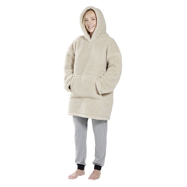 Pull plaid adulte polaire &agrave; capuche - beige ou blanc