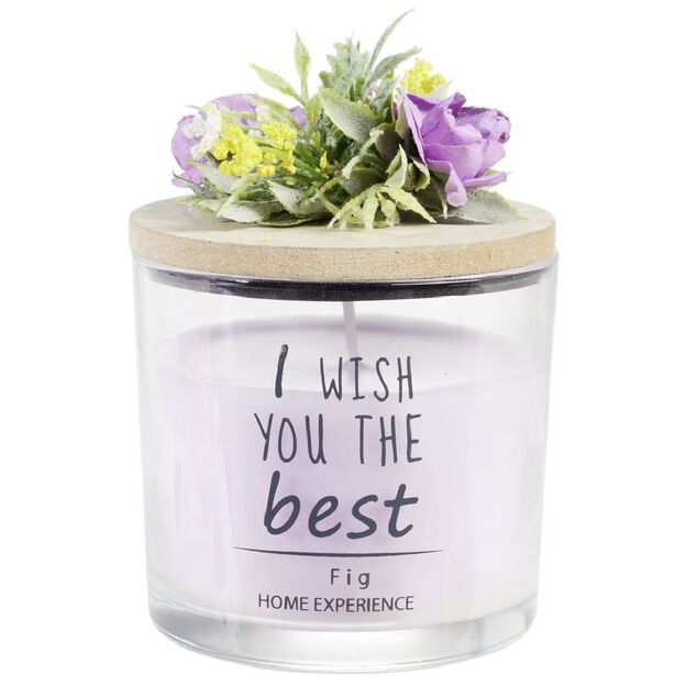 Bougie parfum&eacute;e dans verre couvercle bois fleur message &Oslash;8xH11cm