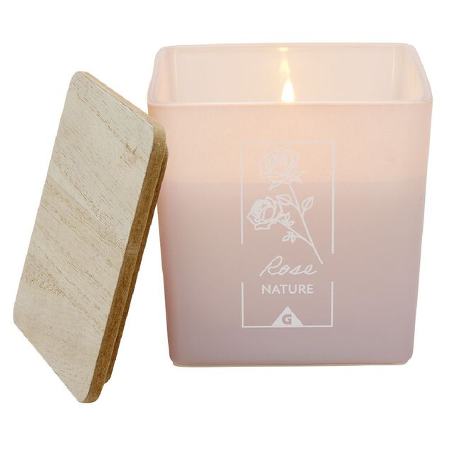 Bougie dans pot carr&eacute; avec couvercle bois senteur rose