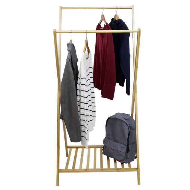 Portant double en bambou avec &eacute;tag&egrave;re pour accessoires 70x55xH150cm