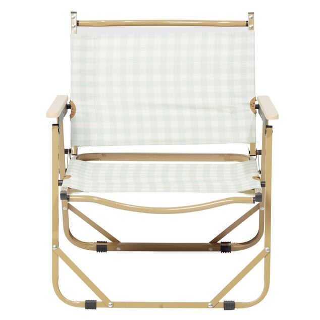 Chaise de camping pliable bambou et toile quadrill&eacute;e vert et blanc 54x38xH62cm