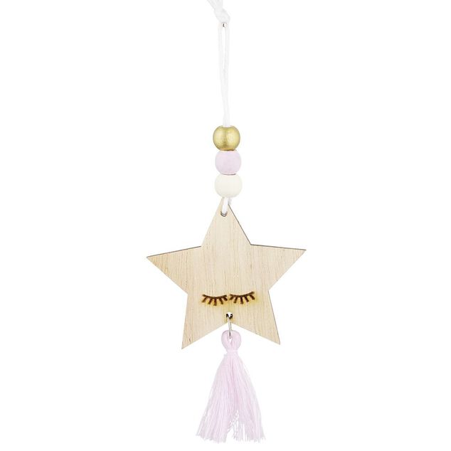 Suspension &Eacute;toile de No&euml;l en bois avec pompon et perles H10,5cm