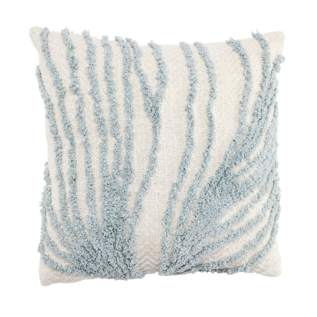 Coussin carr&eacute; coton beige tuft&eacute; bleu fa&ccedil;on algues 40x40cm