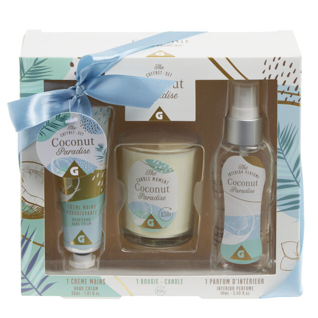 Coffret senteur avec bougie/cr&egrave;me mains/parfum d'int&eacute;rieur