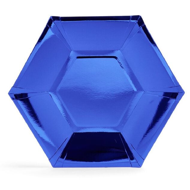 Plateau hexagonal carton bleu m&eacute;tallis&eacute; &Oslash;26cm x10