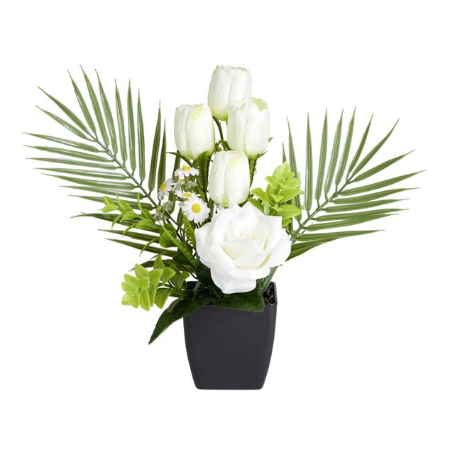 Composition florale artificielle roses et tulipes blanches pot 20x18xH34cm