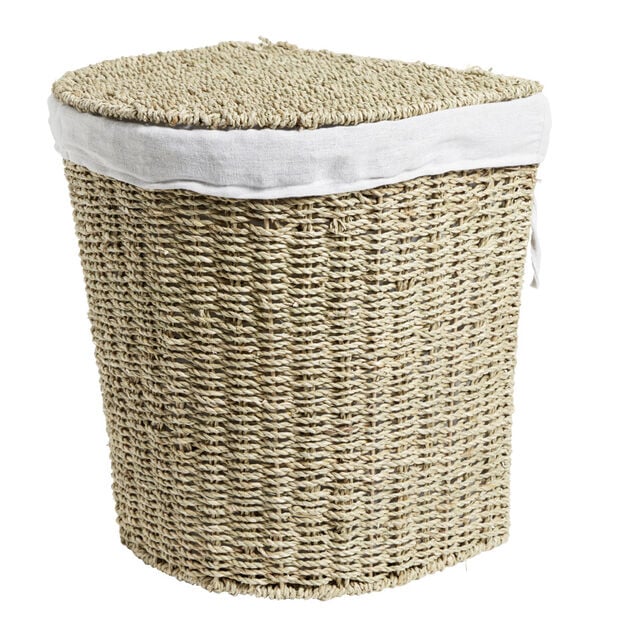 Coffre &agrave; linge jonc de mer beige 43L 36xH40x30cm