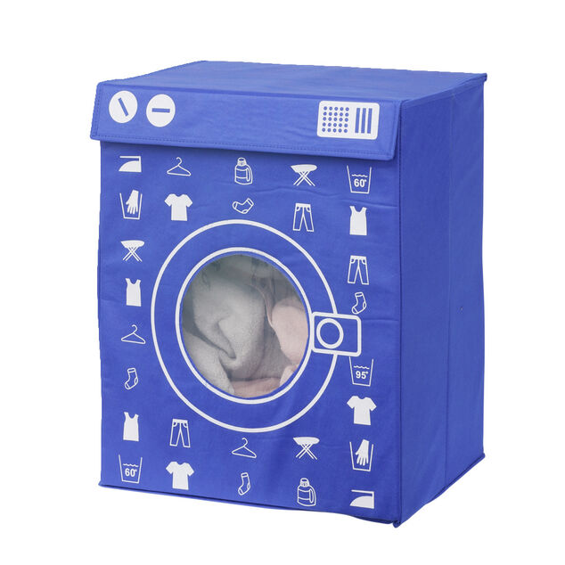 Panière de rangement à linge décor machine à laver bleu 44x35x55cm