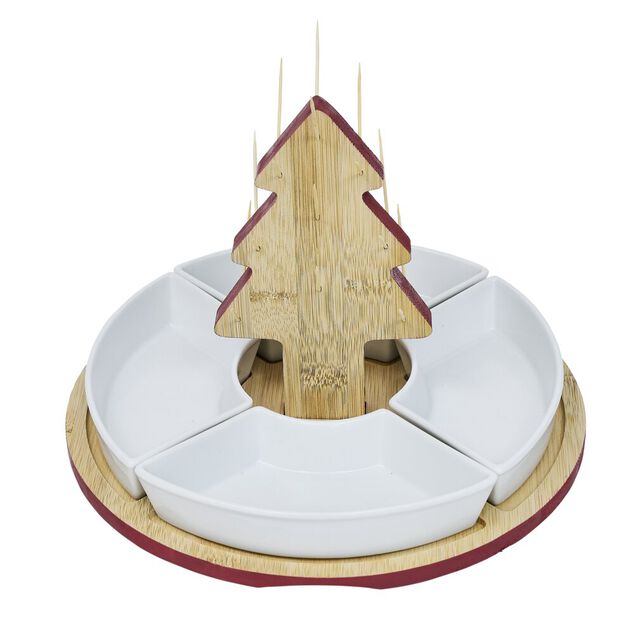 Set ap&eacute;ritif plateau bambou sapin No&euml;l et coupelle x4