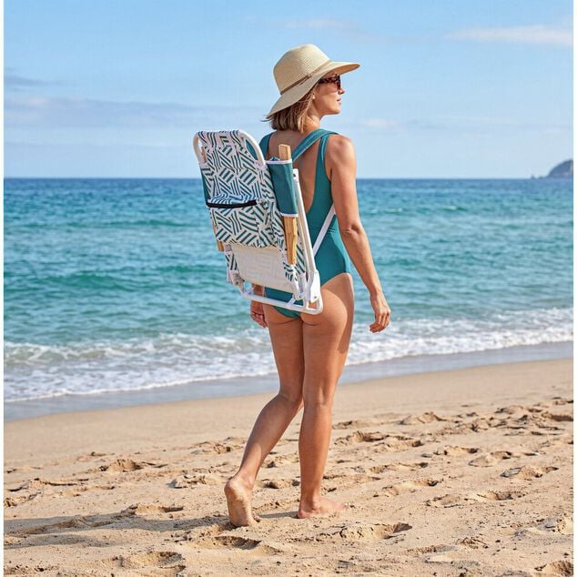 Chaise de plage pliante poign&eacute;es bambou poches lat&eacute;rales blanc et bleu 66x58xH81cm