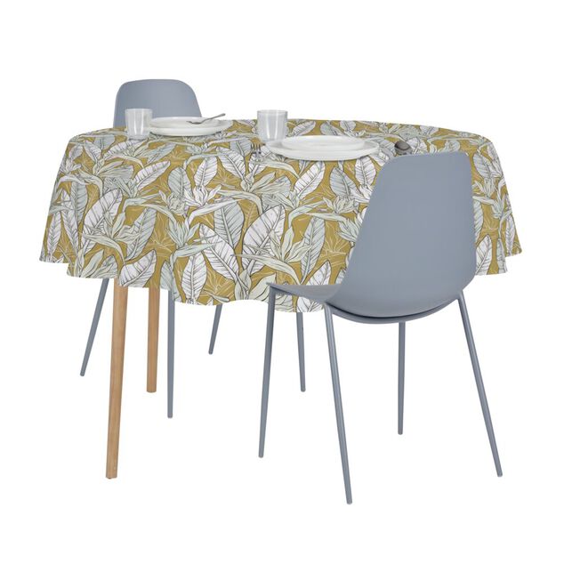 Nappe ronde tissu motif feuillage jaune curry et blanc &Oslash;160cm