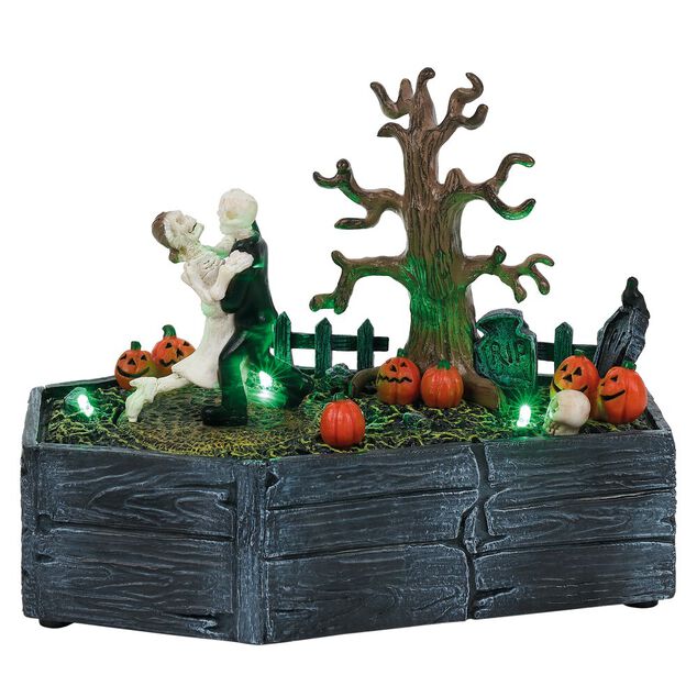 Village anim&eacute; Halloween cerceuil avec couple squelette dansant H18,5cm