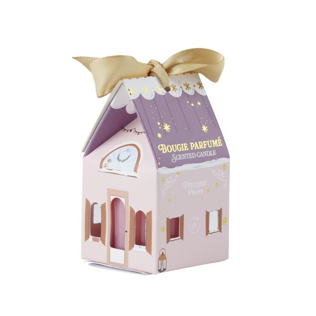 Bougie dans verre boîte cadeau maisonnette H4,5cm (6 modèles)