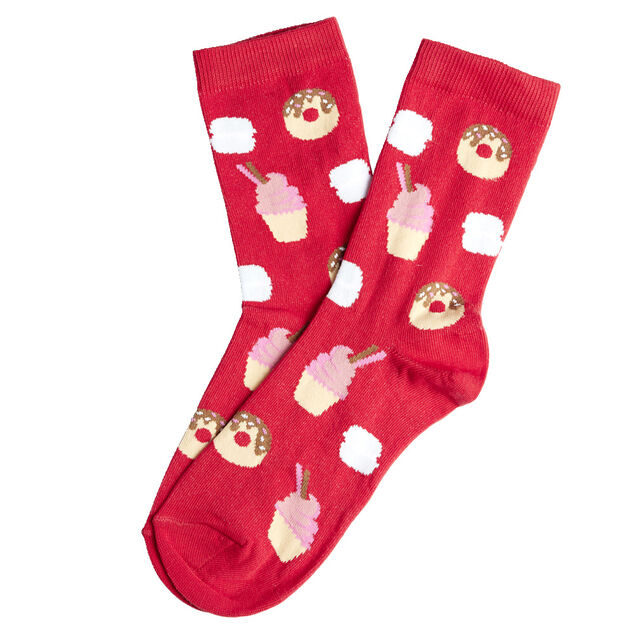 Chaussette femme polycoton tige longue rouge motif g&acirc;teau T36/40