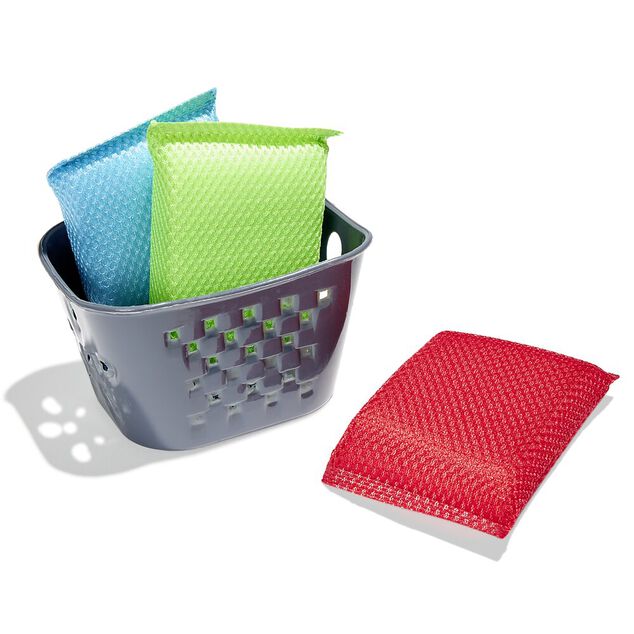 Set éponge vaisselle x3 avec panier de rangement plastique gris