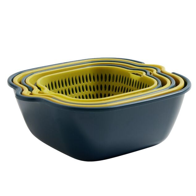 Lot de 3 passoires cuvettes carr&eacute;es bleues et jaunes