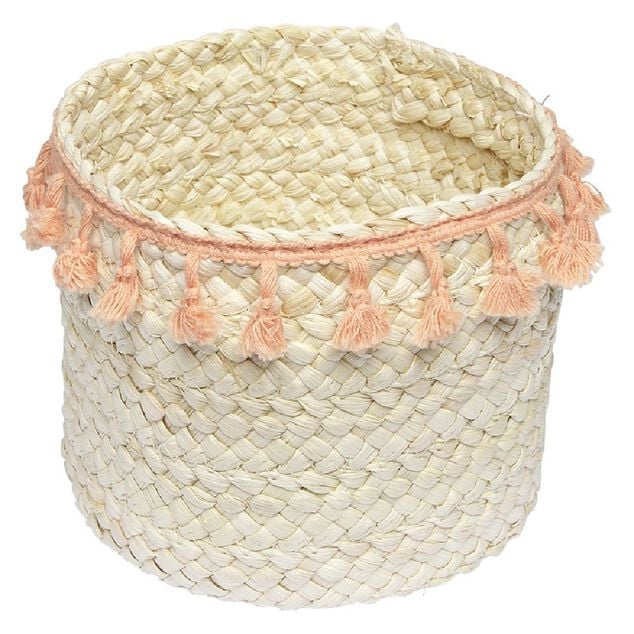 Pani&egrave;re ronde en jonc naturel avec pompons orange &Oslash;19 cm