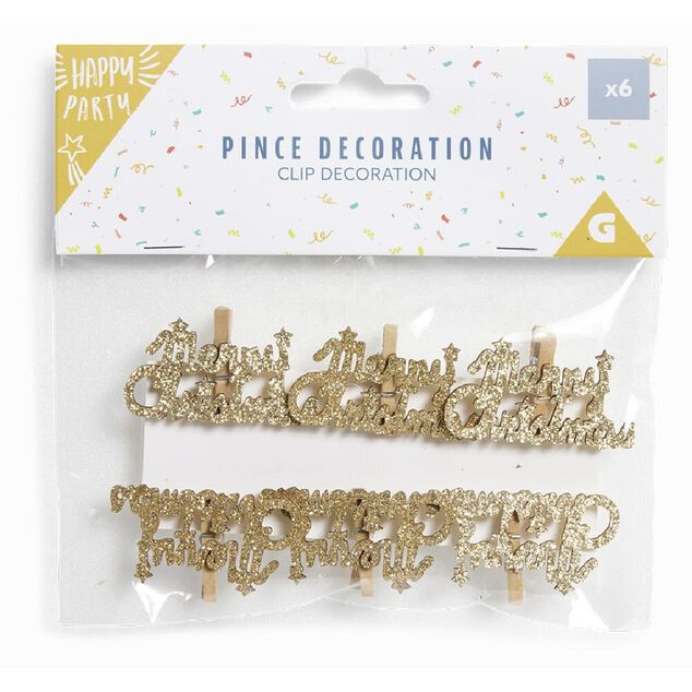 Pince de d&eacute;coration flocon Merry Christmas dor&eacute; x6