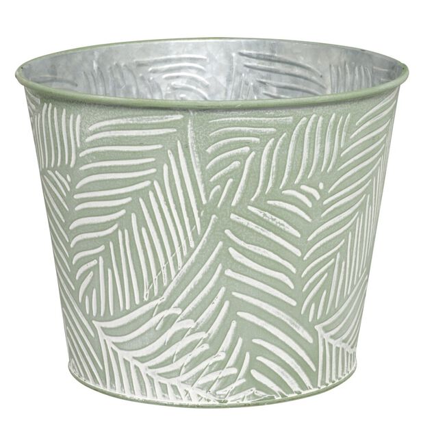 Pot en zinc avec feuillage relief vert et blanc petit mod&egrave;le &Oslash;21xH17cm