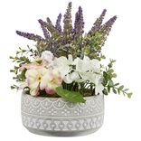 Pot ciment lavande et fleur artificielle blanche &Oslash;18xH33cm