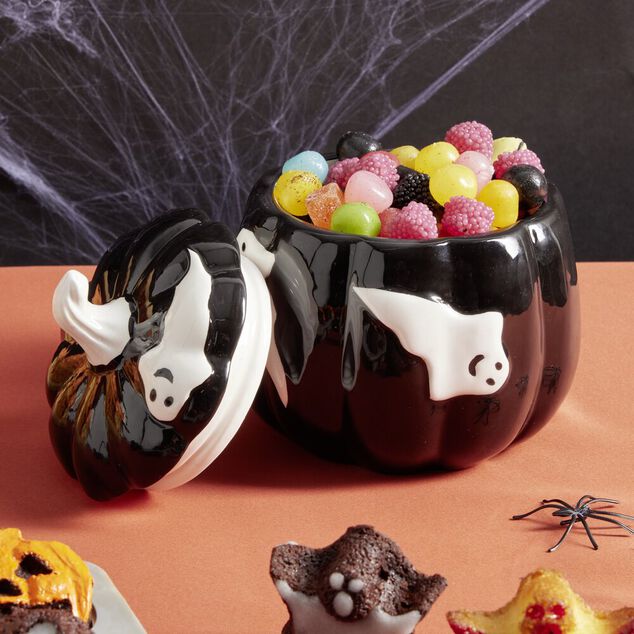 Bonbonni&egrave;re Halloween 1L citrouille noire fant&ocirc;mes blancs &Oslash;13,5xH15,8cm