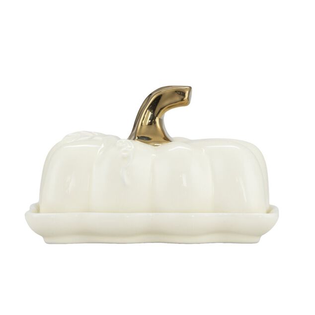 Beurrier c&eacute;ramique forme citrouille blanc et dor&eacute; 15x8xH10cm
