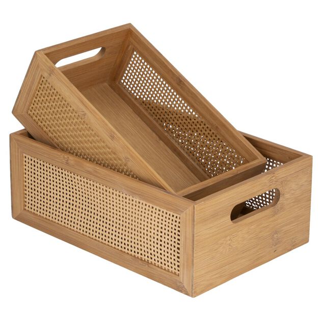 Caisse rangement cuisine x2 bois et bambou 2 faces effet rotin tress&eacute; 2 tailles