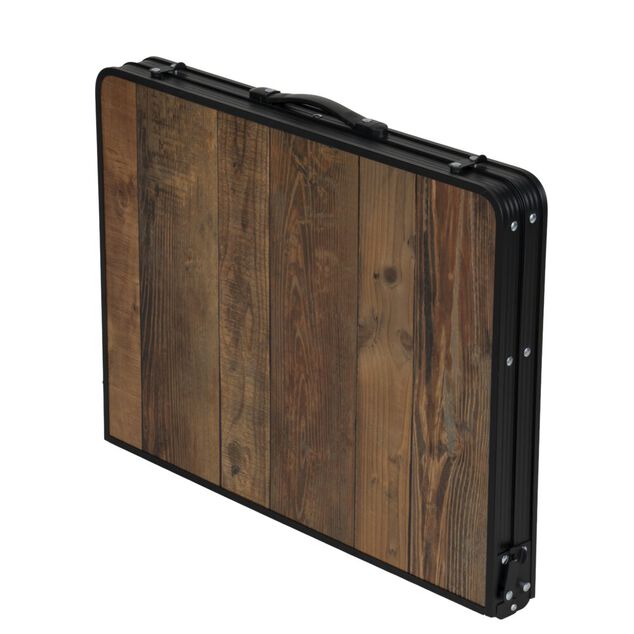 Table camping pliable d&eacute;cor bois et acier finition grille noir 90x60xH66cm