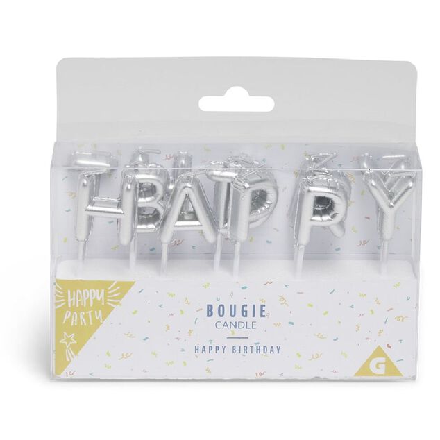 Bougie anniversaire lettres Happy Birthday argent&eacute;
